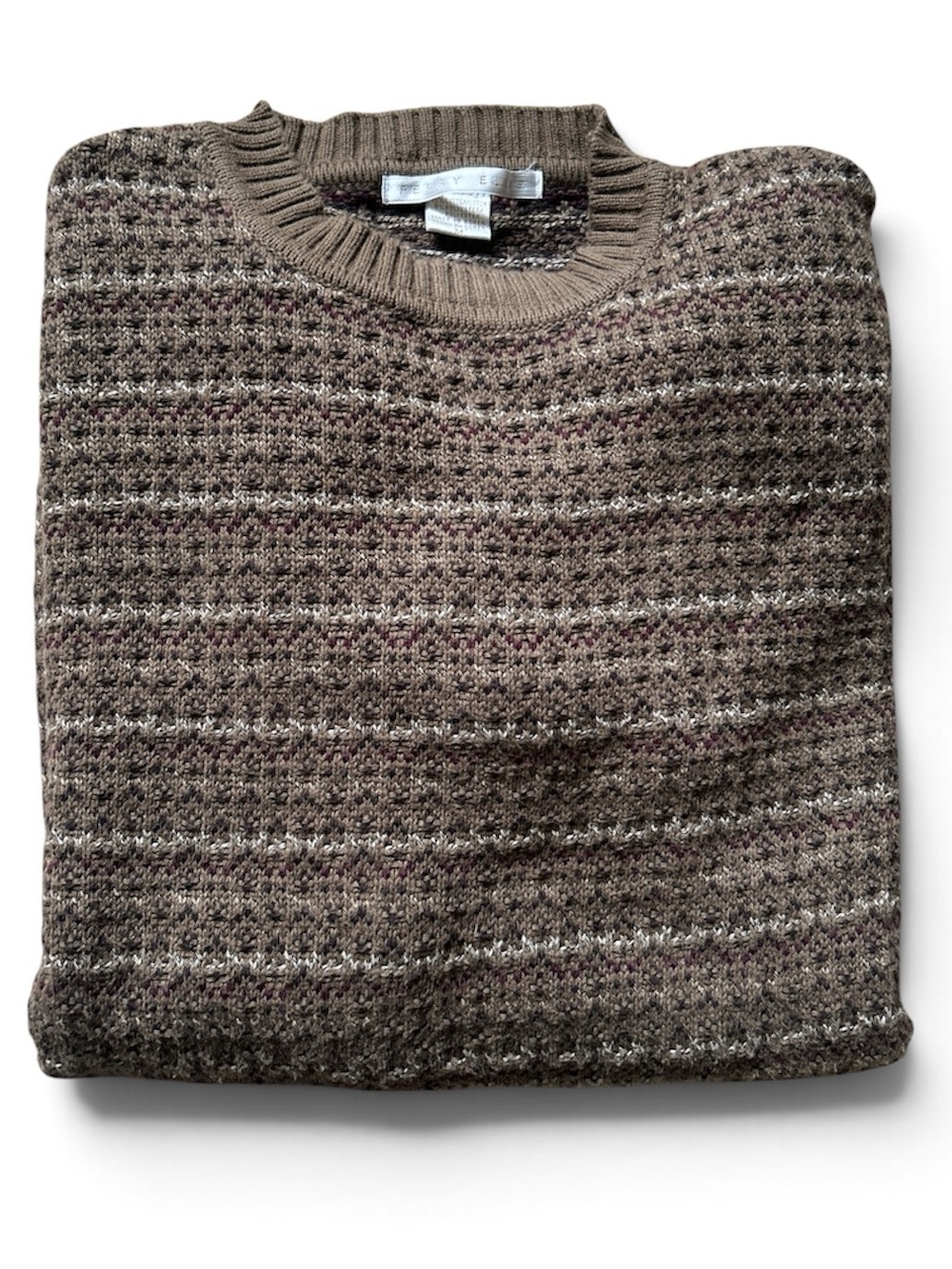 Vintage Perry Ellis Brown Textured Cotton Blend Crew Neck Sweater Sz Medium